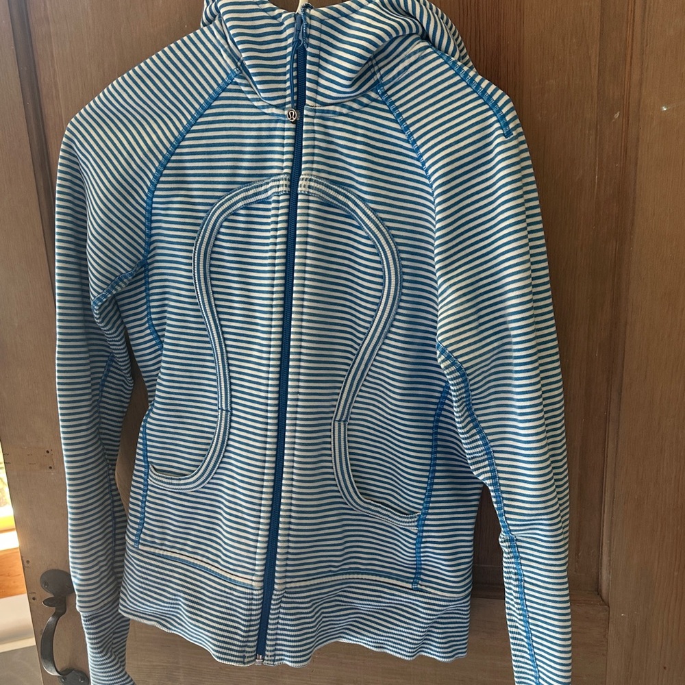 Blue and White Striped Zip-Up Hoodie